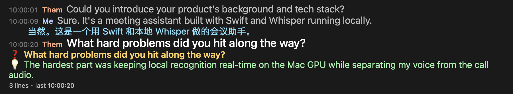 Floating caption window with transcript, question and suggested answer