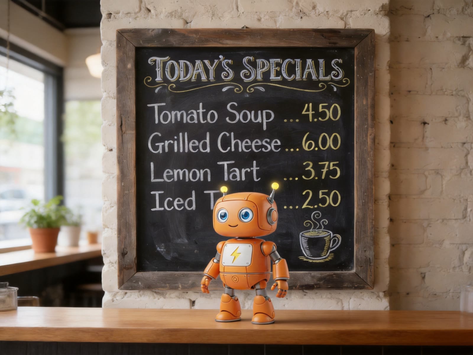 Multi-Image Editing: A Robot Mascot Placed in a Cafe